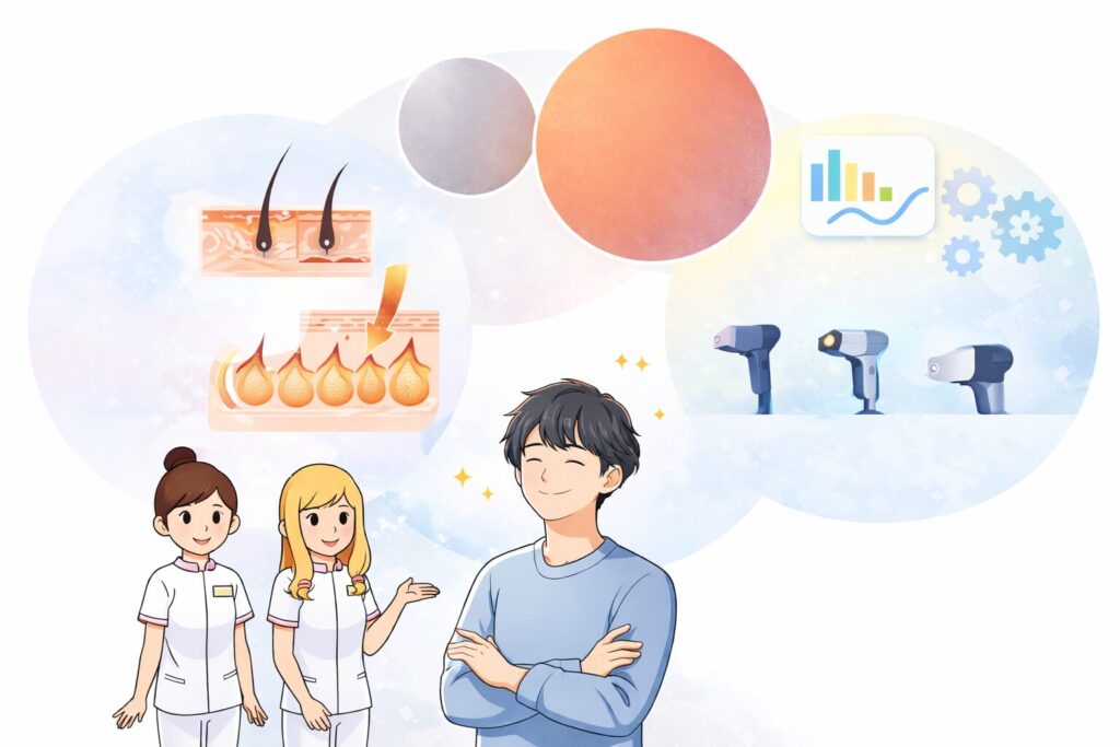 医療レーザー脱毛で大切なポイントをまとめて整理したイラスト