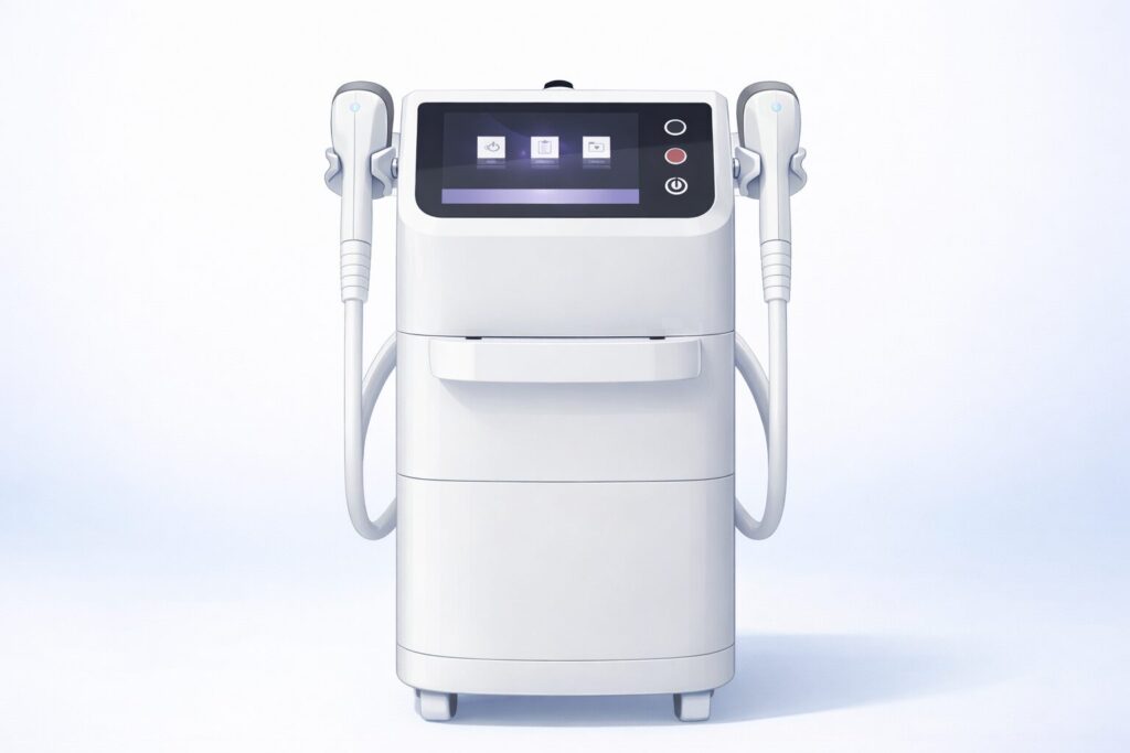 医療レーザー脱毛で使われる、2本のハンドピースを備えた脱毛機のイメージ