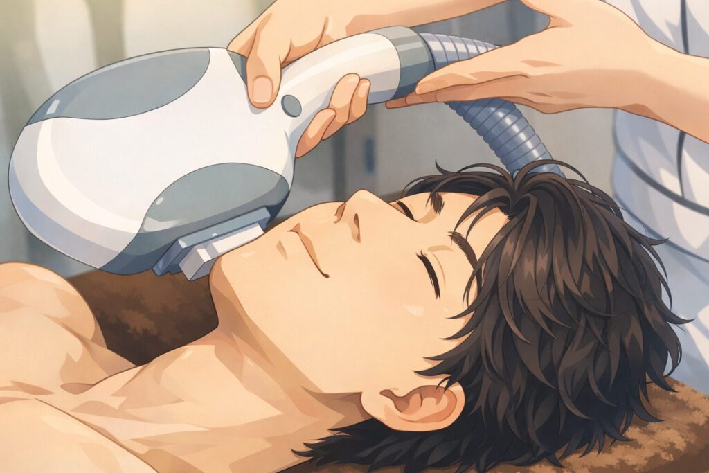 サロンの光脱毛でヒゲ脱毛を受ける男性を描いた日本アニメ風イラスト