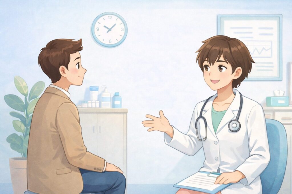 脱毛のパルス幅の違いについて、医師が男性にやさしく説明しているイラスト