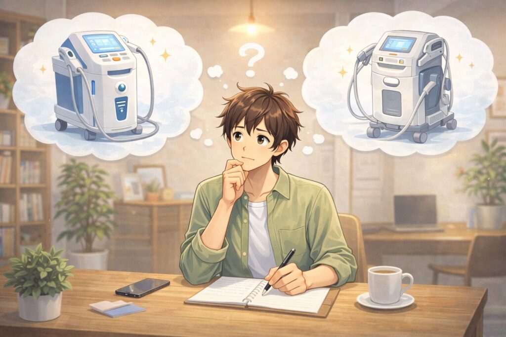 ヒゲ脱毛の機種選びを考えている男性のイメージ