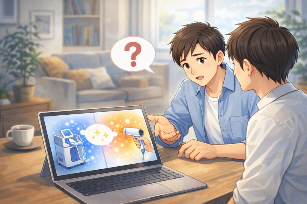 脱毛方法の違いを一緒に考える男性のイメージ