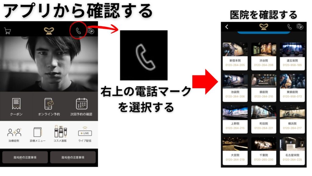 ゴリラクリニックのアプリで右上の電話マークから各院の電話番号を確認する画面