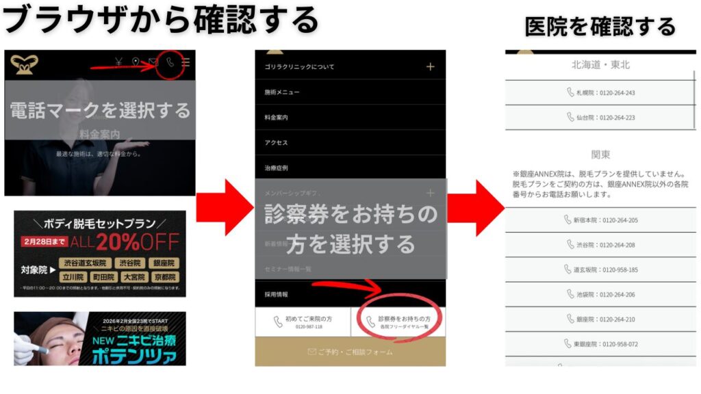 ゴリラクリニック公式サイトで電話マークを押し、診察券をお持ちの方を選んで各院の電話番号を確認する方法