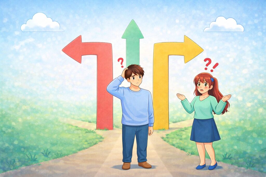 ヒゲ脱毛の機械選びでどちらが良いか迷っている男女のイラスト