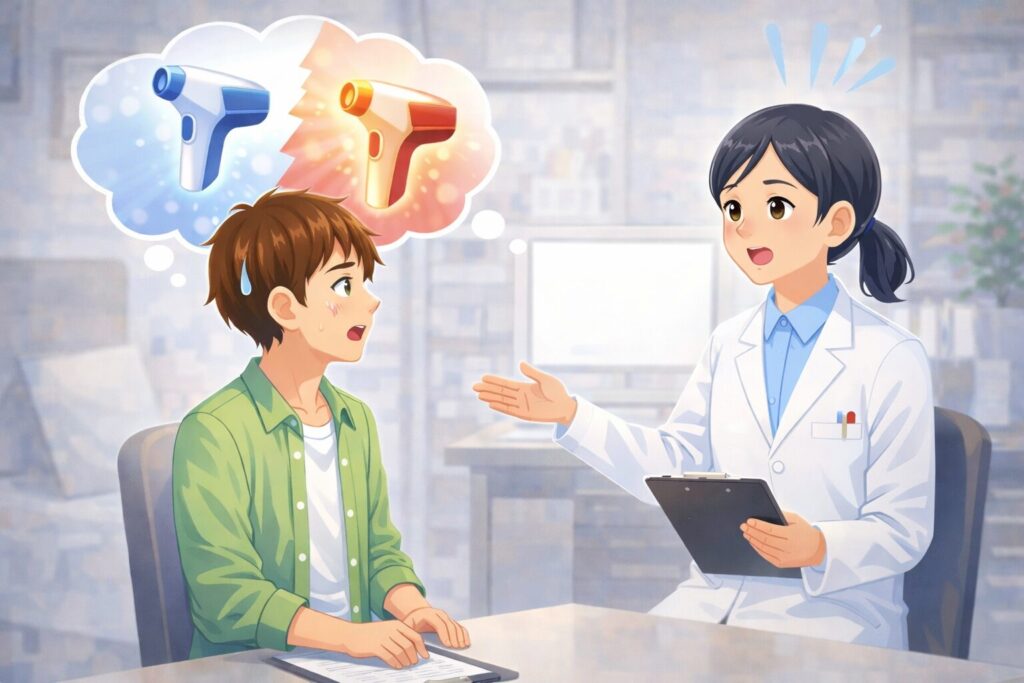 希望した脱毛機で施術できない可能性を説明する医師