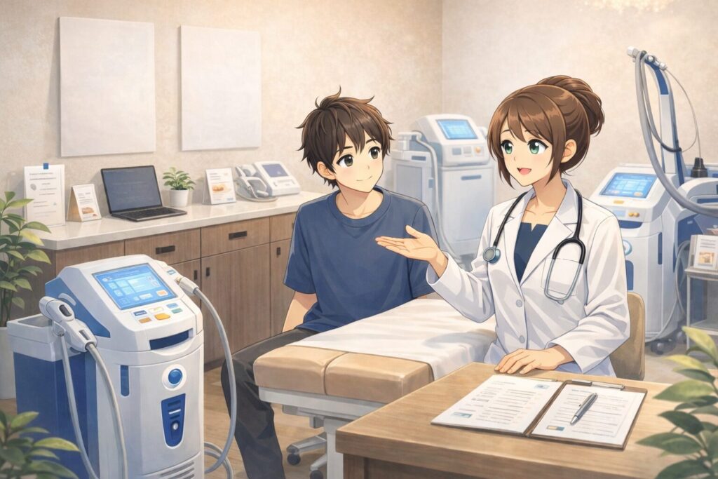 医療承認された脱毛機器について説明する医師のイラスト
