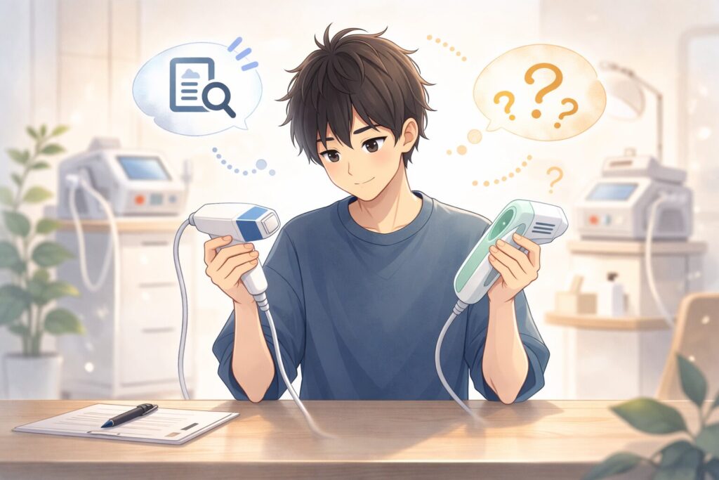 医療承認機器と未承認機器の違いに迷うヒゲ脱毛初心者のイメージ