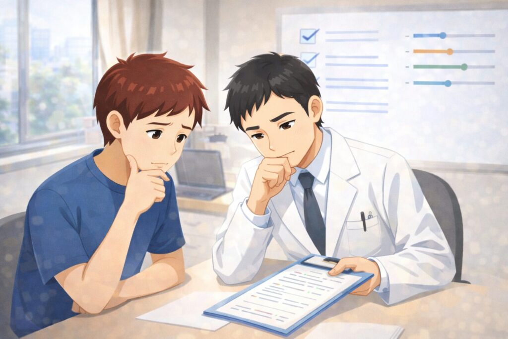 レーザー脱毛の出力や方針を医師と相談しながら調整する様子