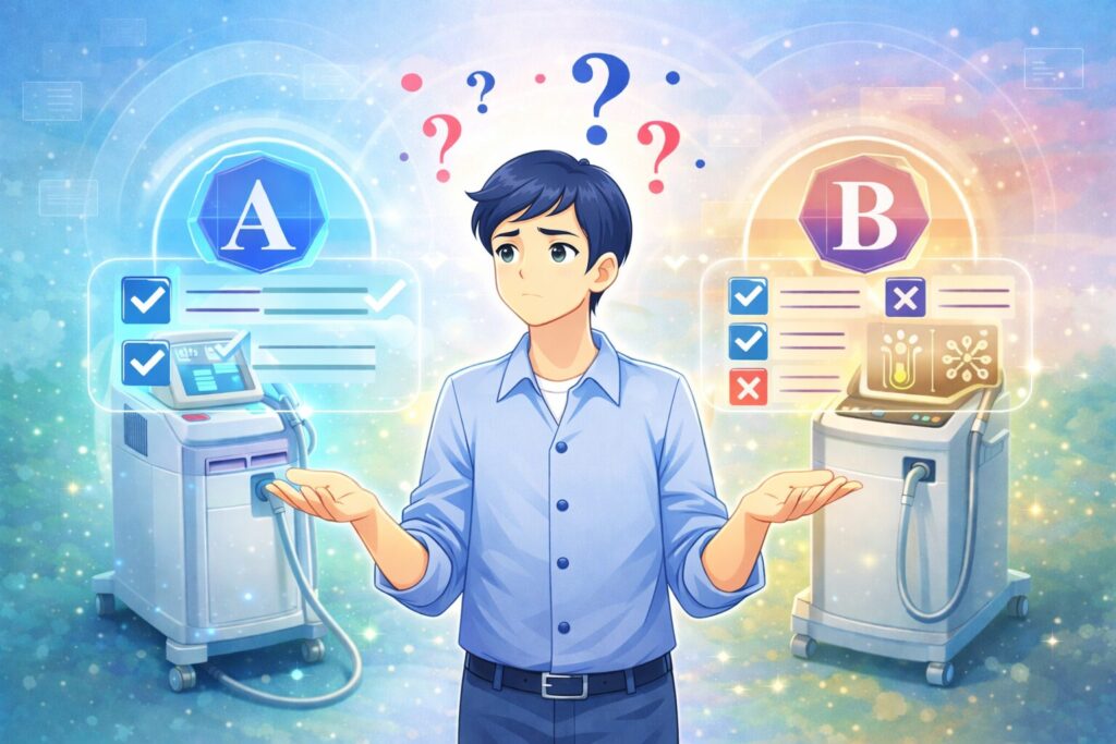 ヤグレーザーを比較して選び方に迷っている男性のイメージ