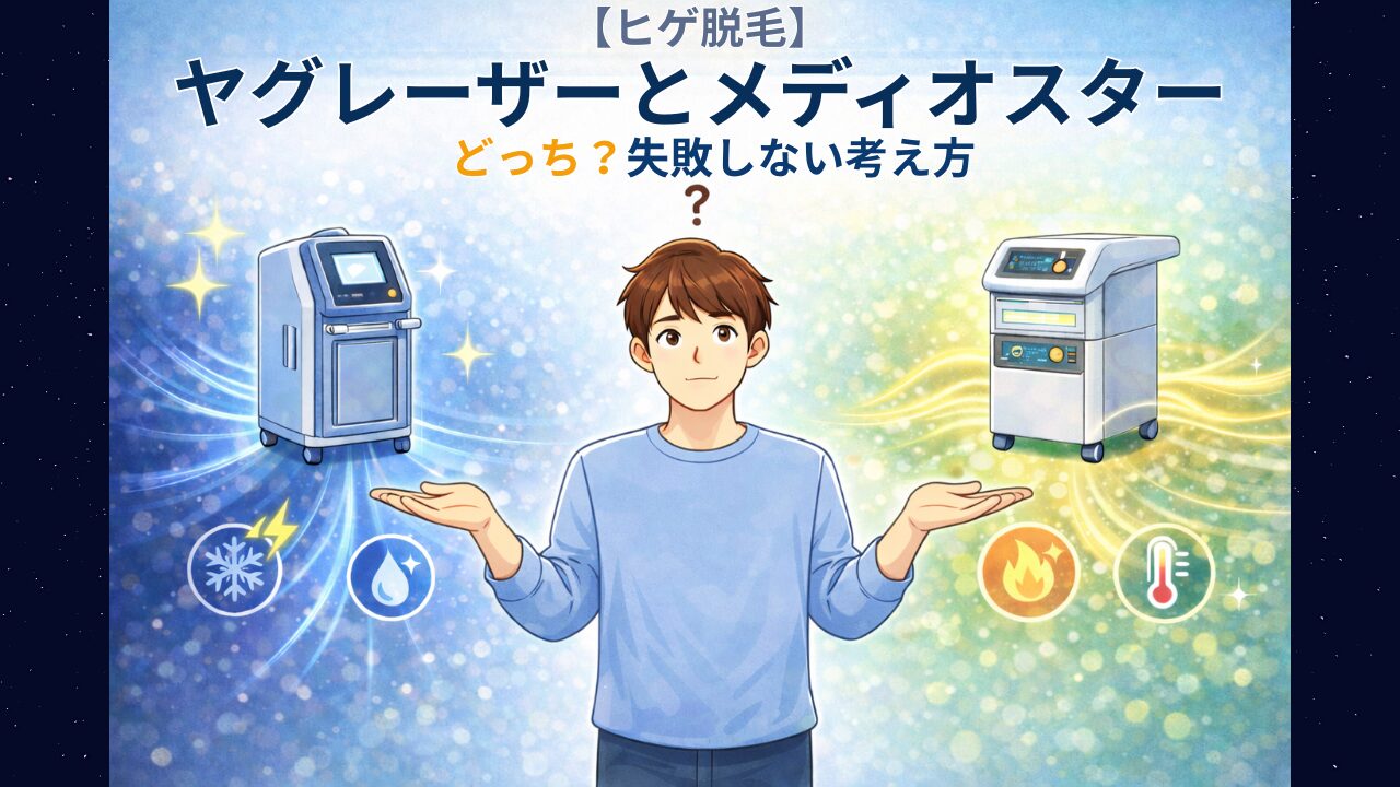 ヤグレーザーとメディオスターのどちらを選ぶべきか迷っている男性の比較イメージ