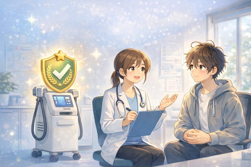 医療承認された脱毛機について医師から説明を受ける男性のイラスト