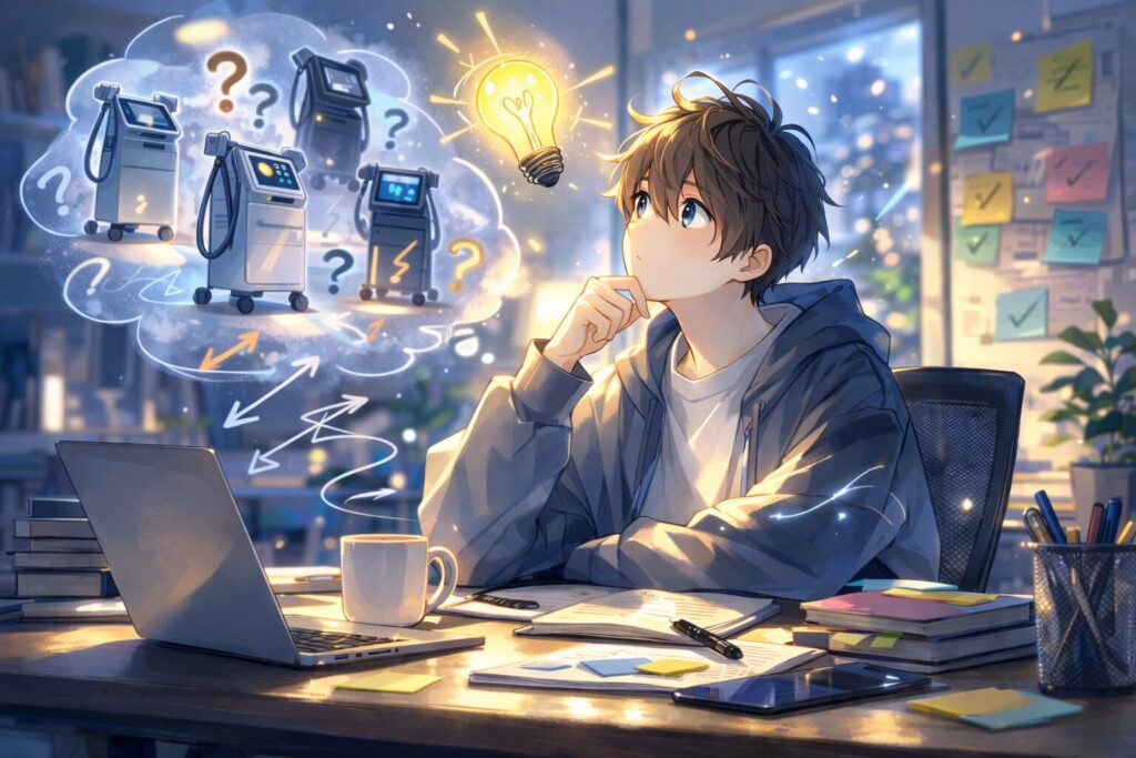 ヒゲ脱毛の機種選びで悩みながら考えている男性のイラスト