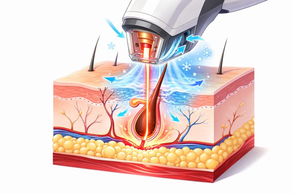 Cryo6冷風システムで肌を冷やしながらレーザー脱毛を行う仕組みのイメージ図