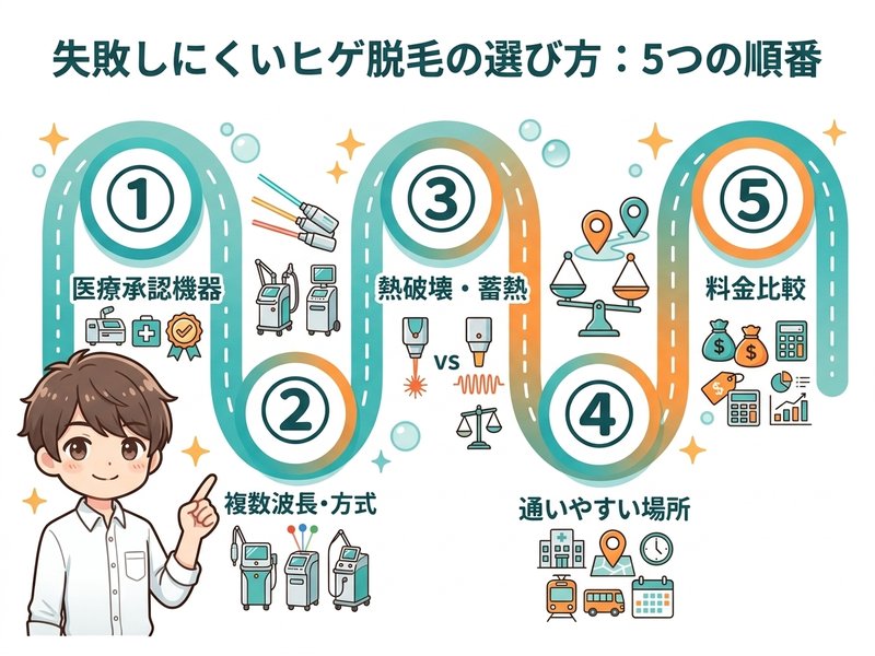 ヒゲ脱毛クリニックの失敗しない選び方5つのステップを示すロードマップ図解