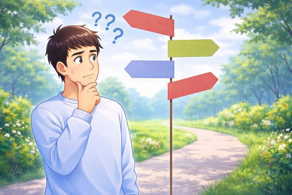 ヒゲ脱毛でどの機種を選べばいいか迷っている男性のイラスト