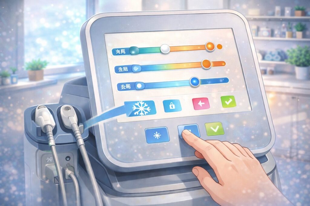 ヒゲ脱毛で毛や肌に合わせて出力と波長を調整する医療レーザー機器の画面