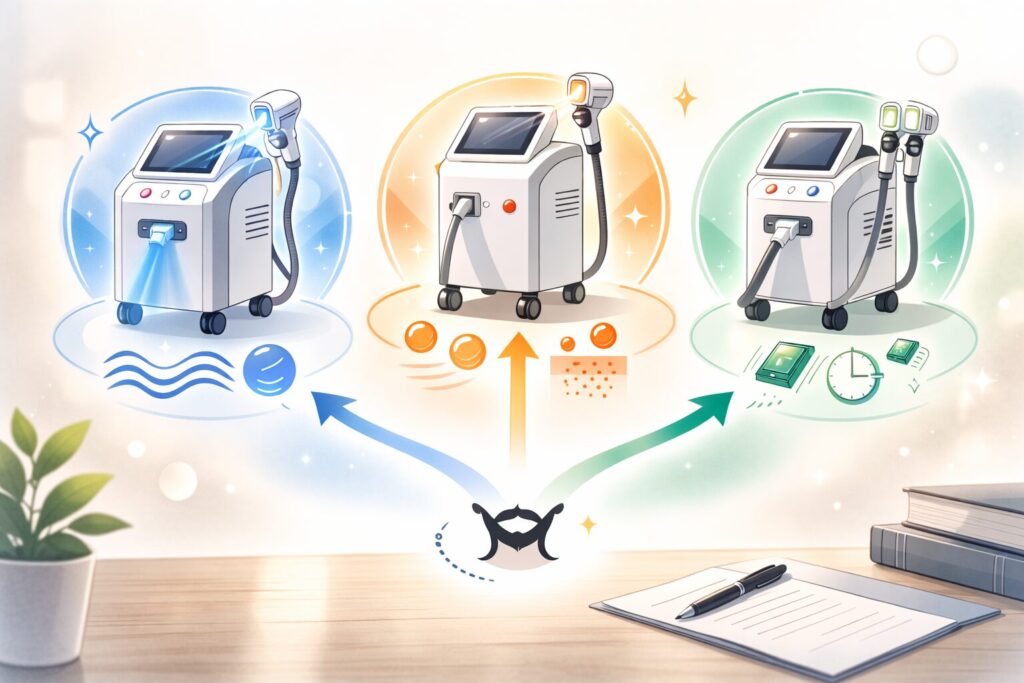 ヒゲ脱毛の波長の違いと照射方式の種類を比較したイラスト図解