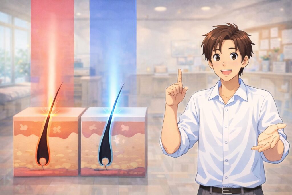 アレキサンドライトレーザーとヤグレーザーの波長の違いと光の届く深さを示した図