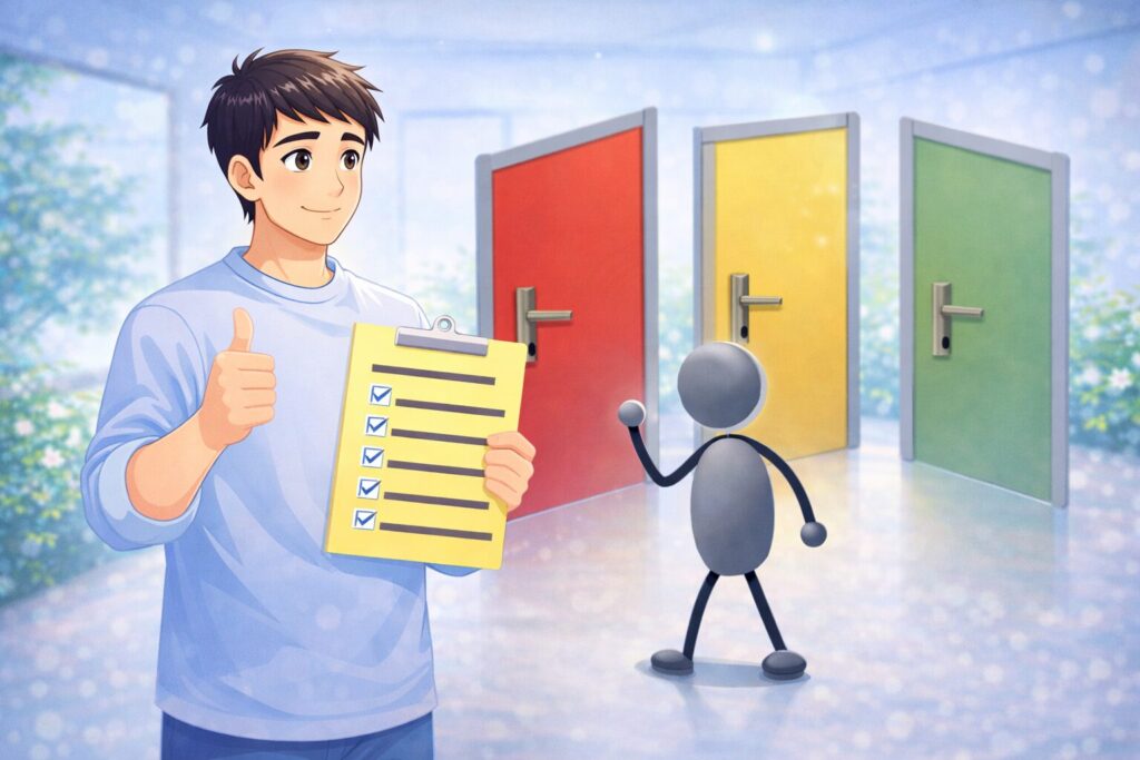 ヒゲ脱毛で失敗しないために機種をチェックする男性のイラスト