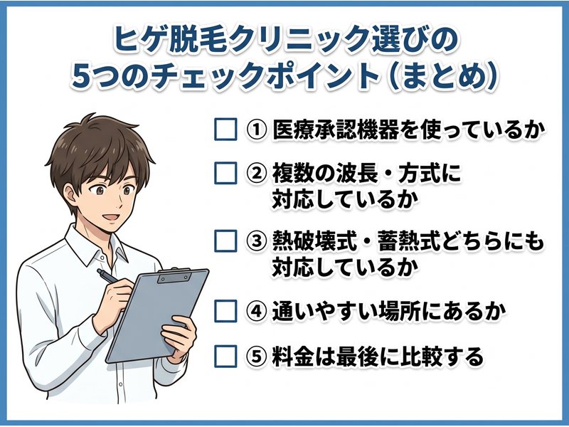 ヒゲ脱毛クリニック選びのまとめチェックリスト図解