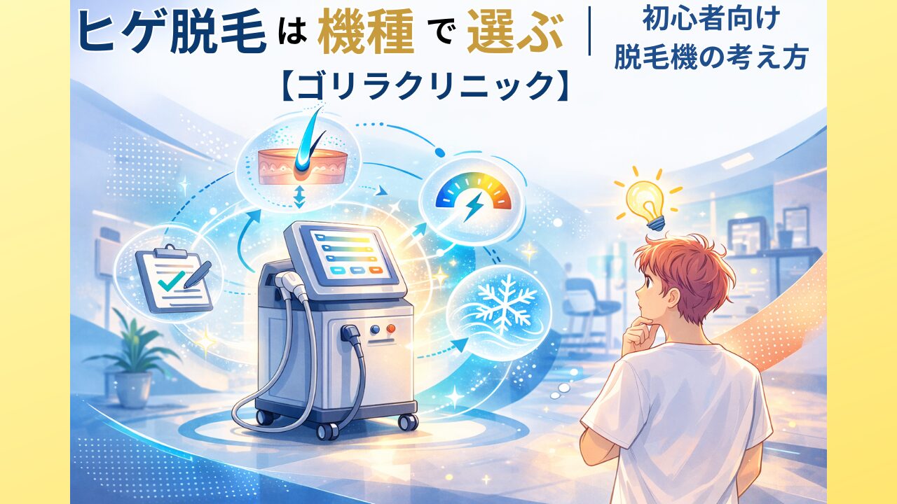 ヒゲ脱毛は機種で選ぶという考え方を解説するアイキャッチ画像。レーザー脱毛機と波長・出力・冷却の要素を示した初心者向け解説図。