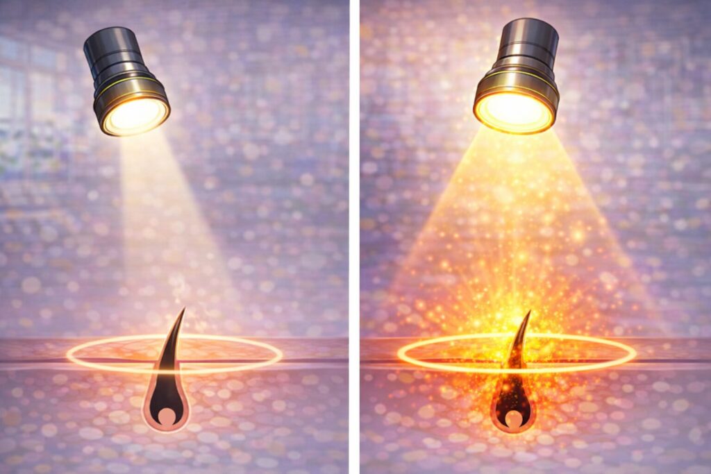 ヒゲ脱毛レーザーの出力の強さによる毛根への熱ダメージの違いを示した図