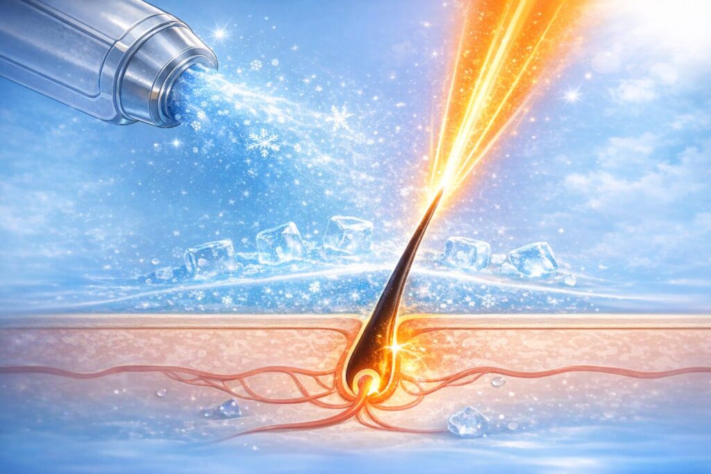 レーザー脱毛で冷却スプレーが表皮を守りながら毛根にレーザーが届く仕組み