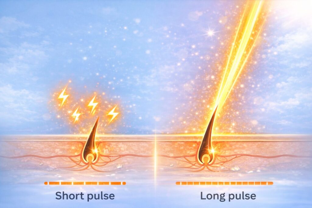 レーザー脱毛の短いパルスと長いパルスの違いを示したイメージ図