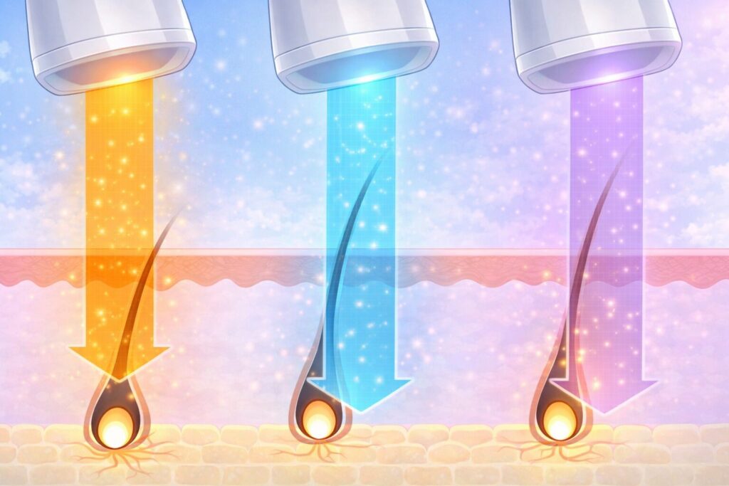 医療レーザー脱毛で波長によって毛根への到達深さが違うことを示したイメージ図