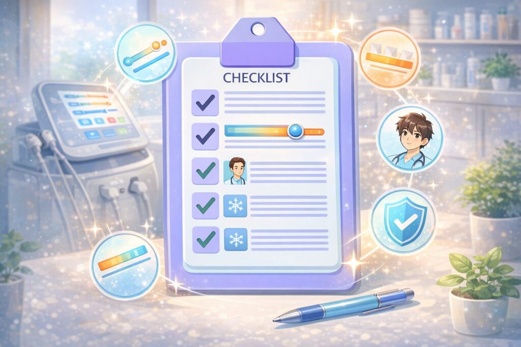 医療レーザー脱毛で出力や波長を適切に調整できる環境を示すチェックリストのイラスト