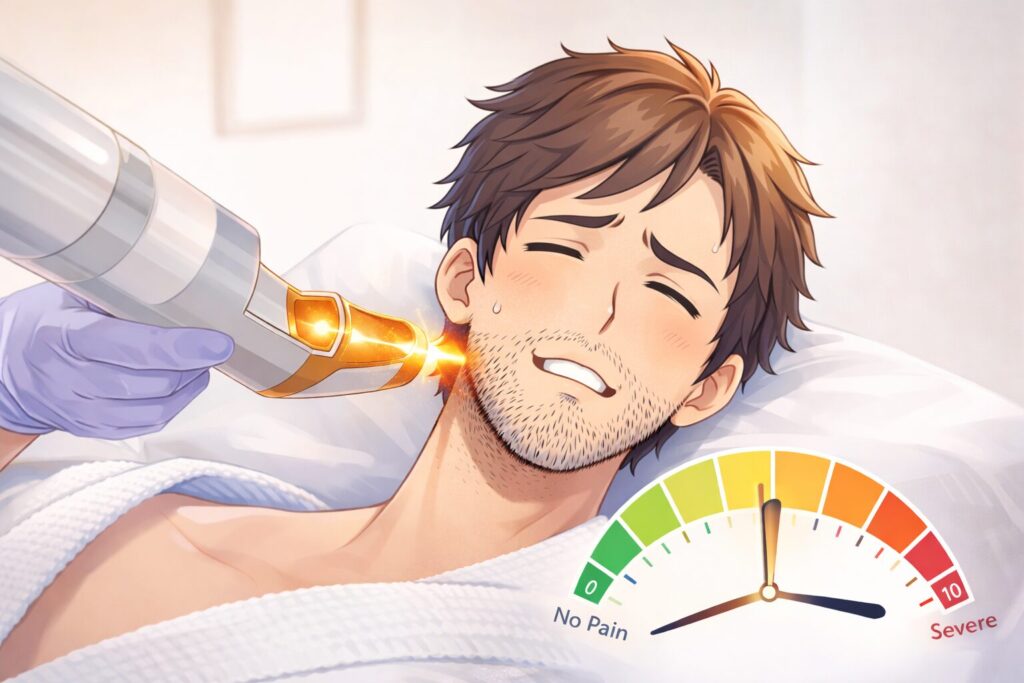 スプレンダーXでヒゲ脱毛を受ける男性と痛みのイメージ図