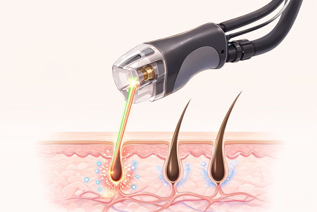 スプレンダーXのBlendXで2種類のレーザーを同じ毛根に連続照射する仕組みのイメージ図