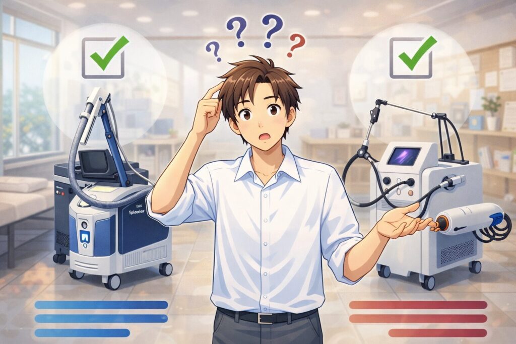 ヒゲ脱毛機スプレンダーXとジェントルマックスプロプラスを比較して迷う男性のイラスト