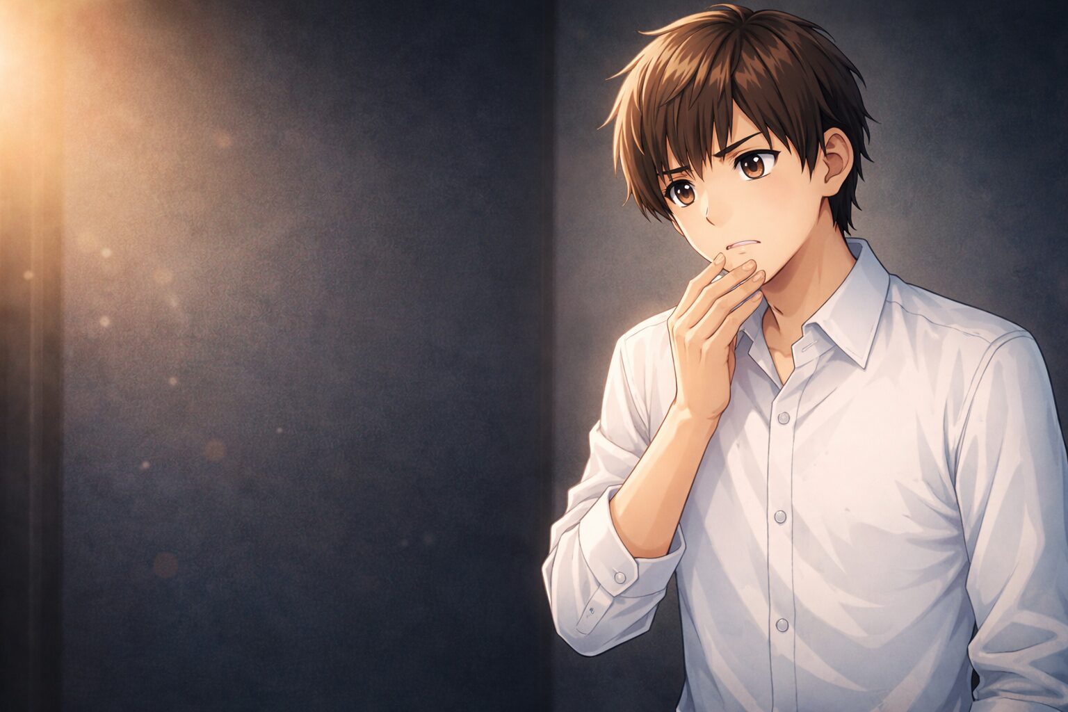 ヒゲ脱毛の効果が出ず不安そうに顎を触る男性のアニメイラスト