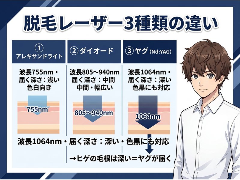 脱毛レーザー3種類（アレキサンドライト・ダイオード・ヤグ）の波長と深さの違い比較図
