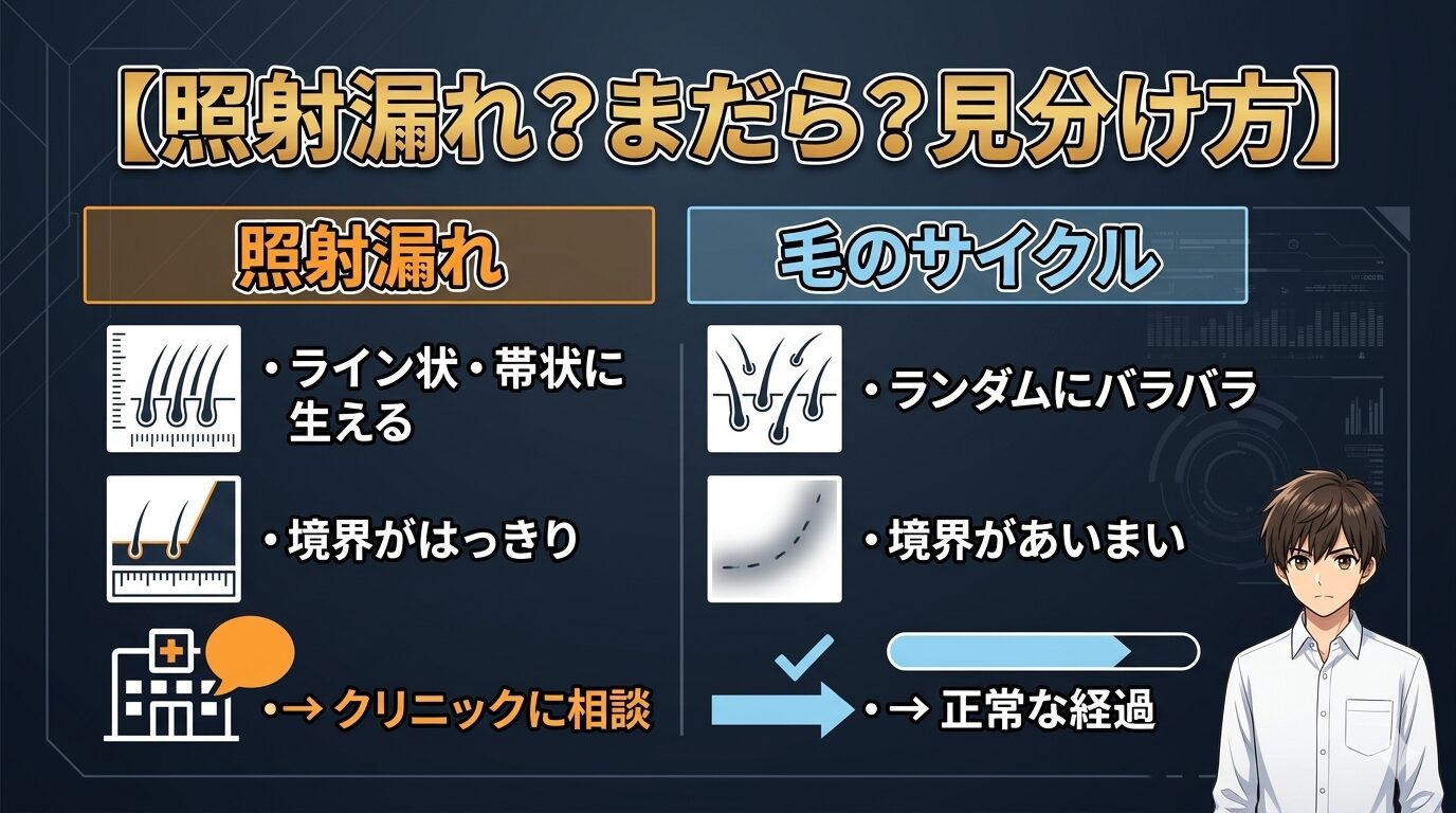 照射漏れとまだらの見分け方を比較した図解（ライン状かランダムか）