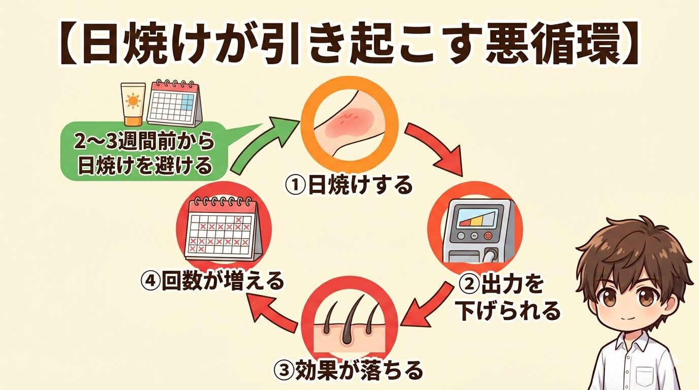 日焼けによる出力低下の悪循環を示したサイクル図解