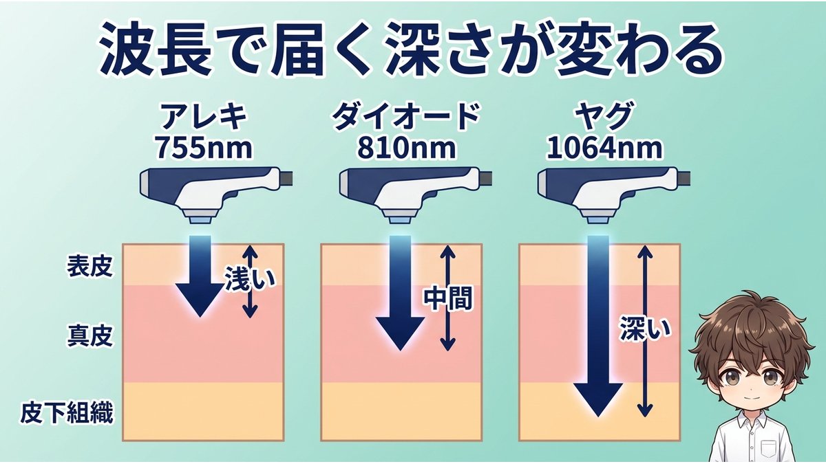 アレキ・ダイオード・ヤグの3種類のレーザーが肌の表皮・真皮・皮下組織のどの深さまで届くかを視覚化した図解
